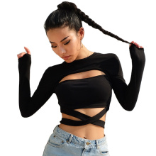 2021 Women summer wholesale high quality trendy style sexy plain solid black full long sleeve t shirt corset cotton crop tops